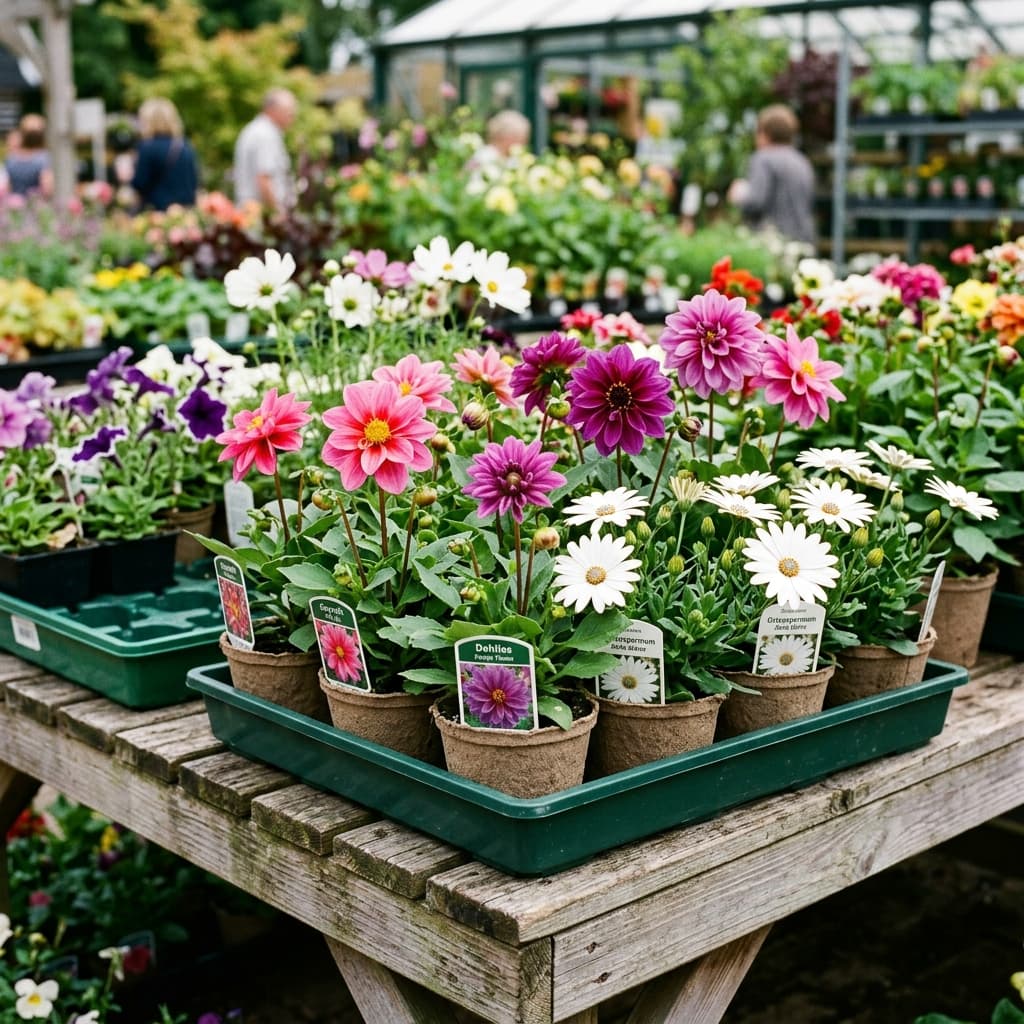 Vibrant flowers growing in biodegradable nursery pots
