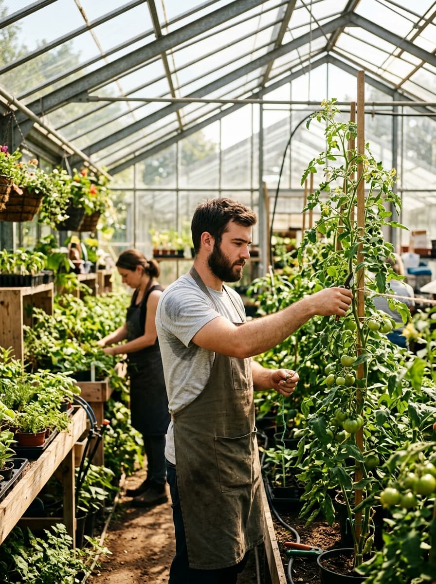 Gardener tending lush plants in a warm greenhouse nursery