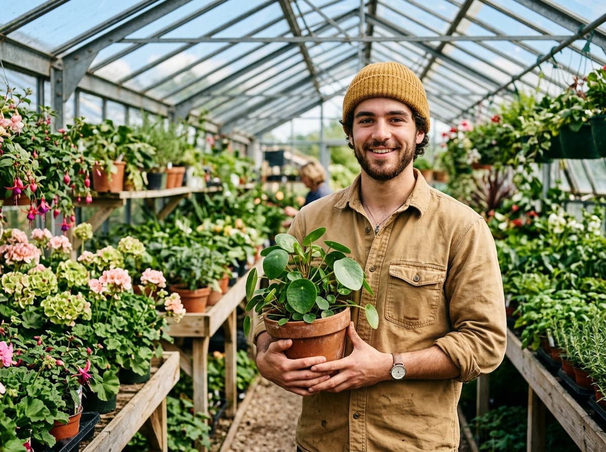 Smiling gardener holding a potted plant in a sunny greenhouse