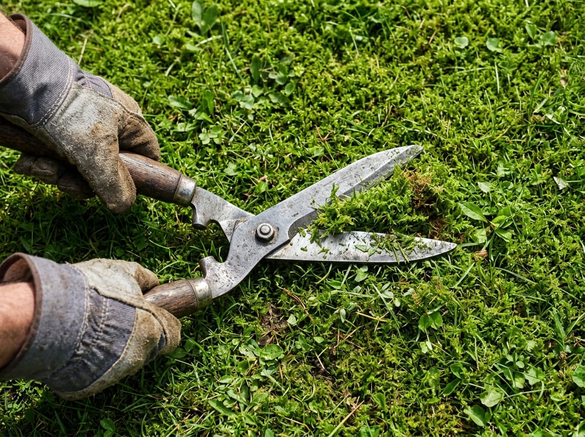 Close up of gloved hands using garden shears on green grass