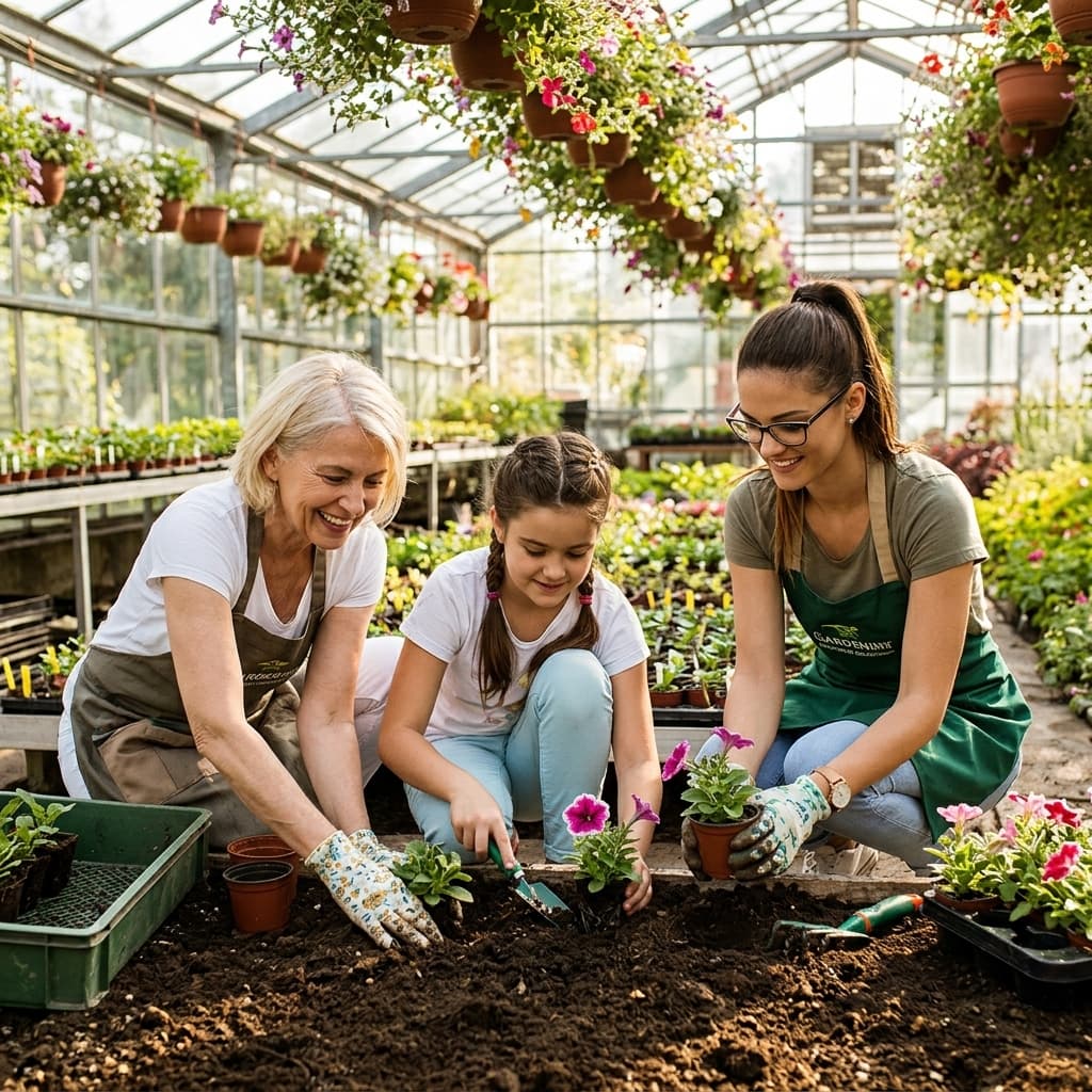 Landscape team planting and potting together outdoors